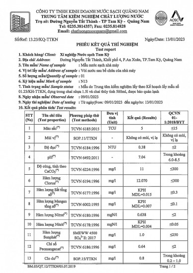 KẾT QUẢ CHẤT LƯỢNG NƯỚC XÍ NGHIỆP NƯỚC SẠCH TAM KỲ THÁNG 1 NĂM 2023