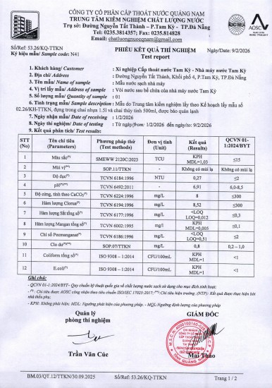 KẾT QUẢ CHẤT LƯỢNG NƯỚC XÍ NGHIỆP CTN TAM KỲ - NMN TAM KỲ THÁNG 2 NĂM 2026