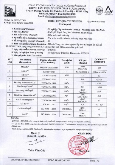 KẾT QUẢ CHẤT LƯỢNG NƯỚC XÍ NGHIỆP CTN TAM KỲ - NMN PHÚ NINH THÁNG 2 NĂM 2026