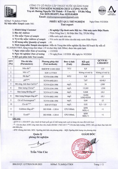KẾT QUẢ CHẤT LƯỢNG NƯỚC XÍ NGHIỆP CTN HỘI AN - NMN ĐIỆN PHƯỚC THÁNG 2 NĂM 2026