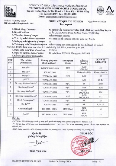 KẾT QUẢ CHẤT LƯỢNG NƯỚC XÍ NGHIỆP CTN THĂNG BÌNH - NMN DUY XUYÊN THÁNG 2 NĂM 2026