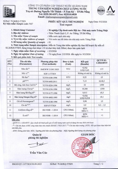 KẾT QUẢ CHẤT LƯỢNG NƯỚC XÍ NGHIỆP CTN HỘI AN - NMN TRẢNG NHẬT THÁNG 2 NĂM 2026