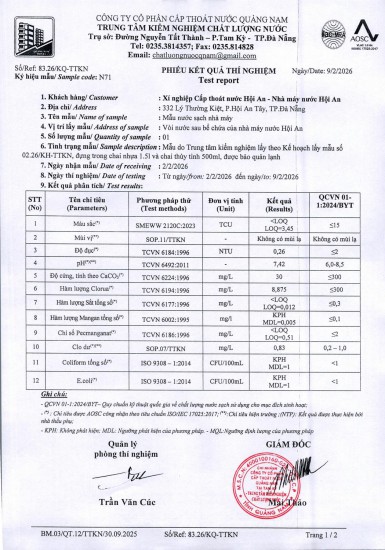 KẾT QUẢ CHẤT LƯỢNG NƯỚC XÍ NGHIỆP CTN HỘI AN - NMN HỘI AN THÁNG 2 NĂM 2026