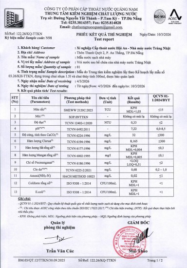 KẾT QUẢ CHẤT LƯỢNG NƯỚC XÍ NGHIỆP CTN HỘI AN - NMN TRẢNG NHẬT THÁNG 3 NĂM 2026