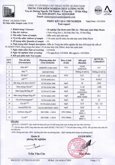 KẾT QUẢ CHẤT LƯỢNG NƯỚC XÍ NGHIỆP CTN HỘI AN - NMN ĐIỆN PHƯỚC THÁNG 3 NĂM 2026