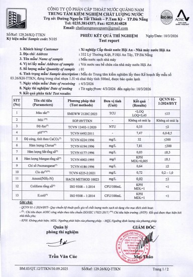 KẾT QUẢ CHẤT LƯỢNG NƯỚC XÍ NGHIỆP CTN HỘI AN - NMN HỘI AN THÁNG 3 NĂM 2026