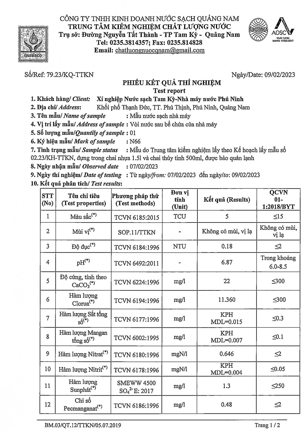 KẾT QUẢ CHẤT LƯỢNG NƯỚC XÍ NGHIỆP NƯỚC SẠCH TAM KỲ - NHÀ MÁY NƯỚC PHÚ NINH ĐỢT 1 THÁNG 2 NĂM 2023