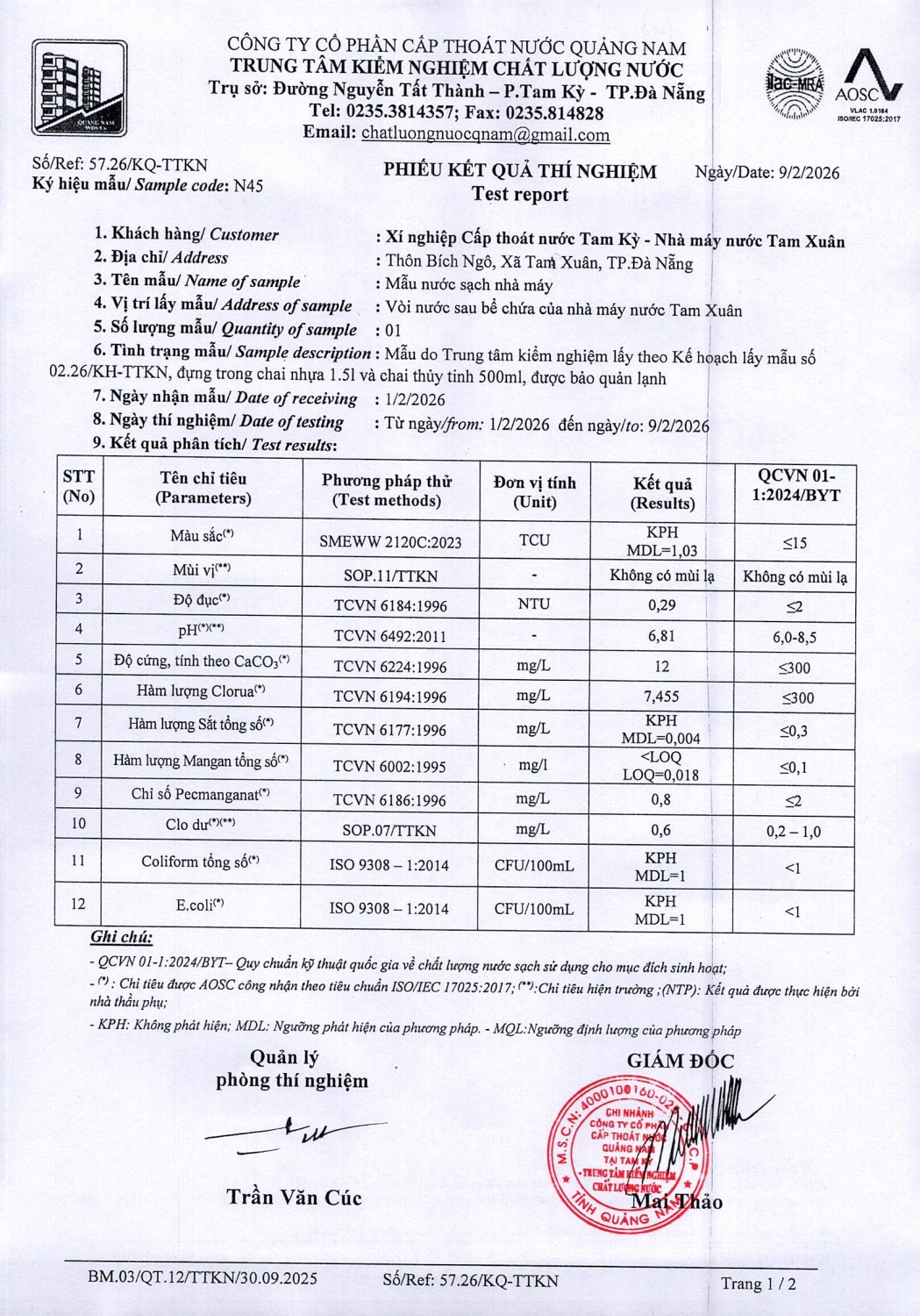 KẾT QUẢ CHẤT LƯỢNG NƯỚC XÍ NGHIỆP CTN TAM KỲ - NMN TAM XUÂN THÁNG 2 NĂM 2026