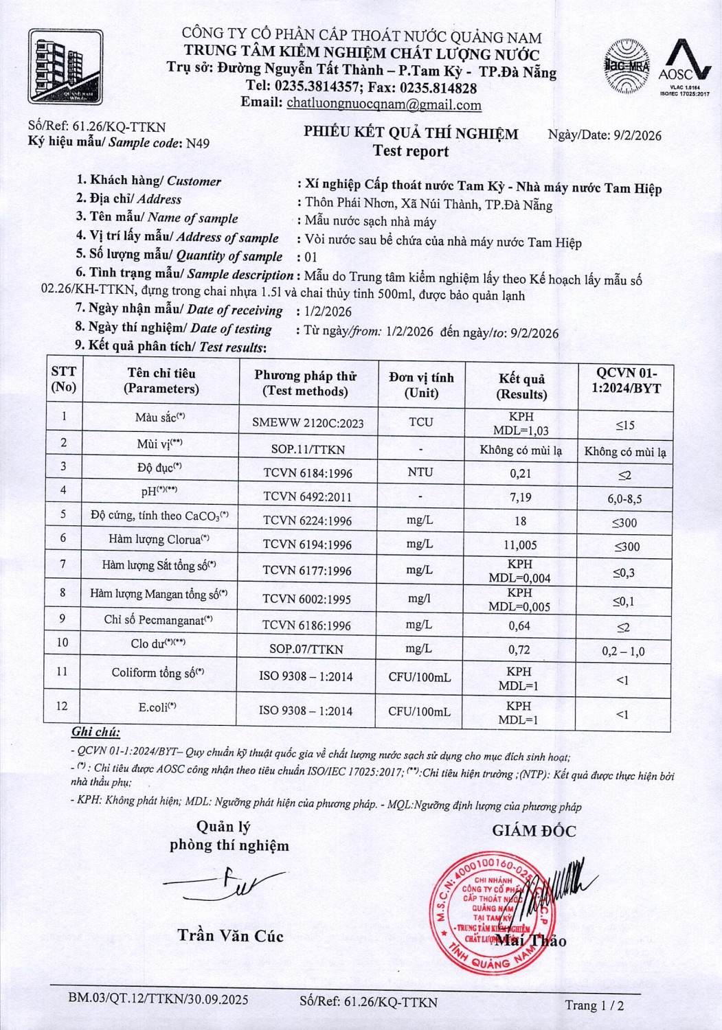 KẾT QUẢ CHẤT LƯỢNG NƯỚC XÍ NGHIỆP CTN TAM KỲ - NMN TAM HIỆP THÁNG 2 NĂM 2026