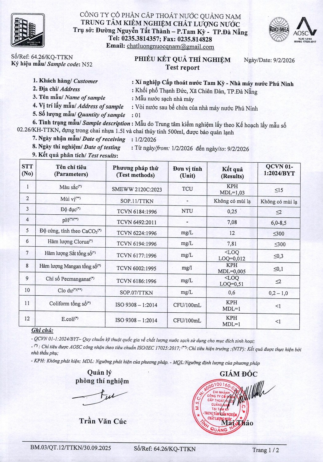 KẾT QUẢ CHẤT LƯỢNG NƯỚC XÍ NGHIỆP CTN TAM KỲ - NMN PHÚ NINH THÁNG 2 NĂM 2026