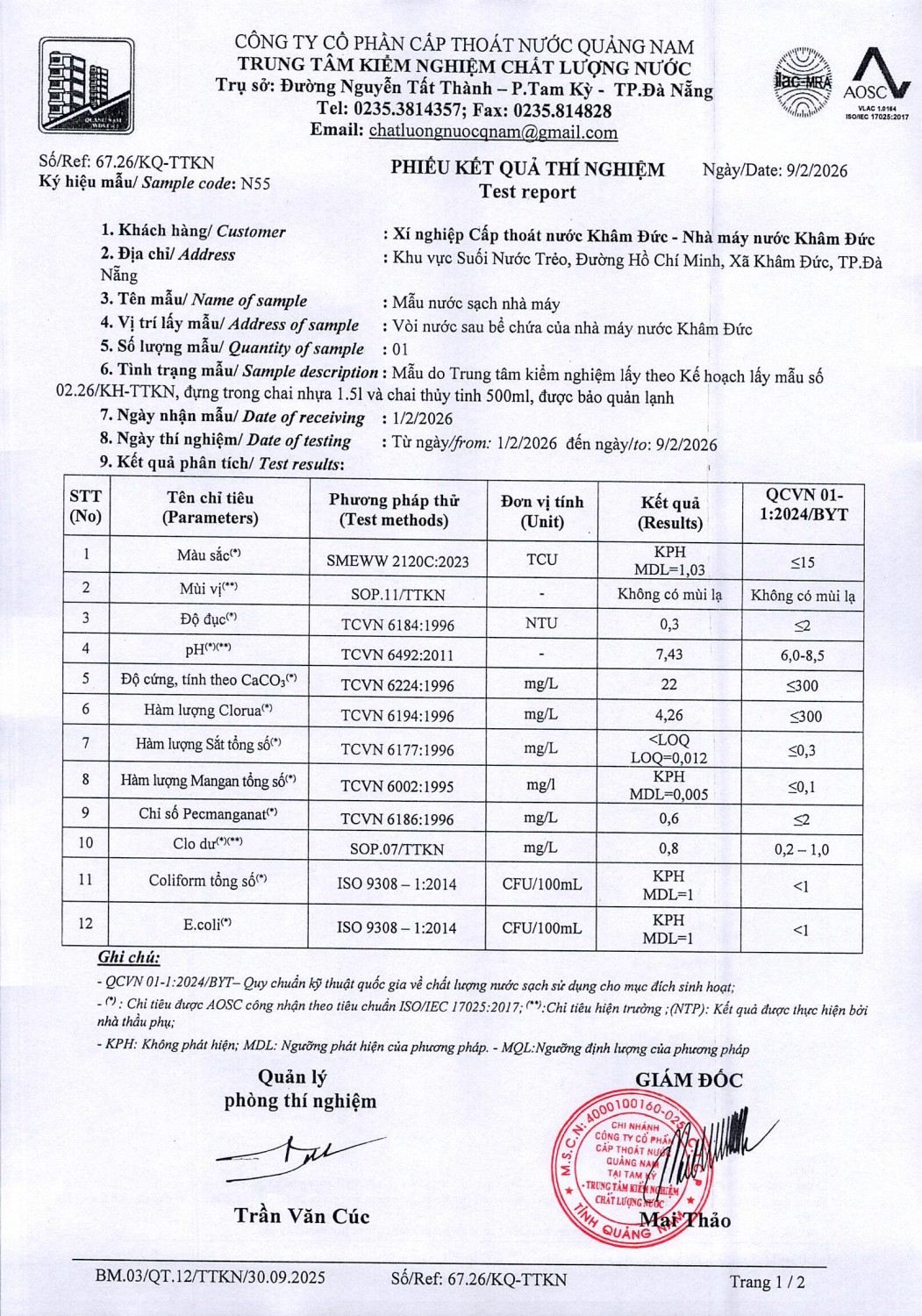 KẾT QUẢ CHẤT LƯỢNG NƯỚC XÍ NGHIỆP CTN KHÂM ĐỨC - NMN KHÂM ĐỨC THÁNG 2 NĂM 2026