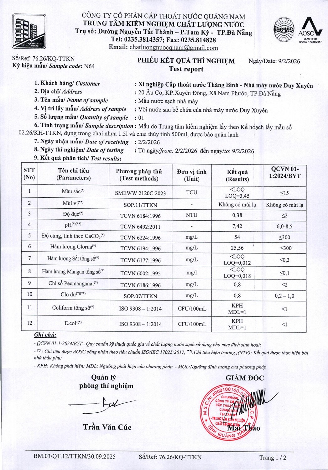 KẾT QUẢ CHẤT LƯỢNG NƯỚC XÍ NGHIỆP CTN THĂNG BÌNH - NMN DUY XUYÊN THÁNG 2 NĂM 2026